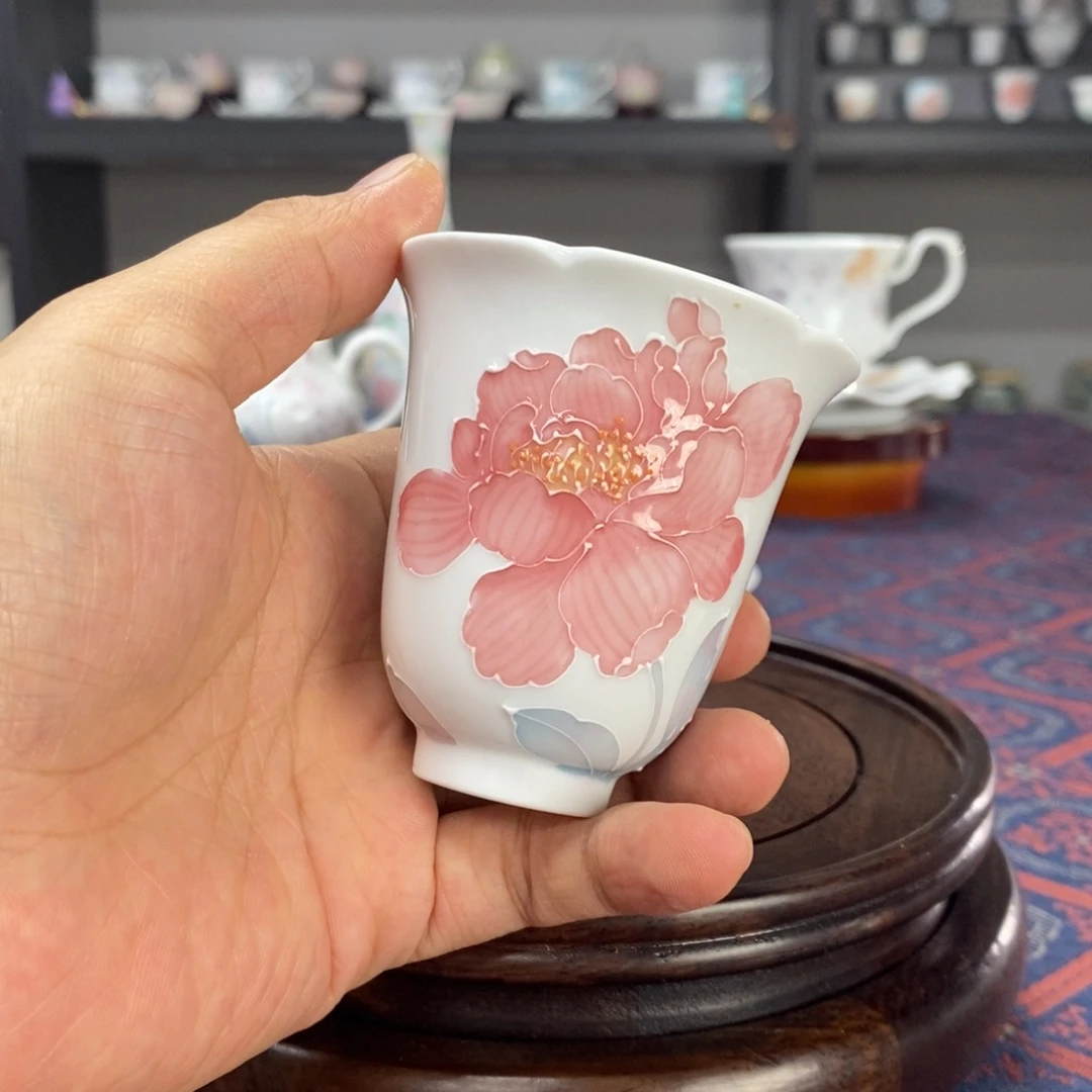 芍药品茗杯手绘釉下高温