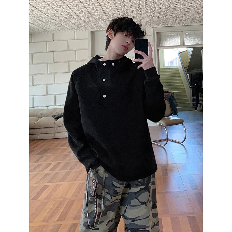 美式复古重磅连帽排扣卫衣男款设计感小众外套cleanfit高级感上衣