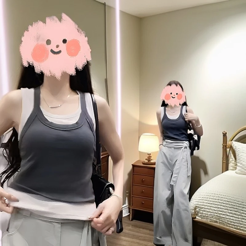 艺等2025年夏季欧美风两件式叠穿吊带撞色街头感辣妹显瘦背心上衣