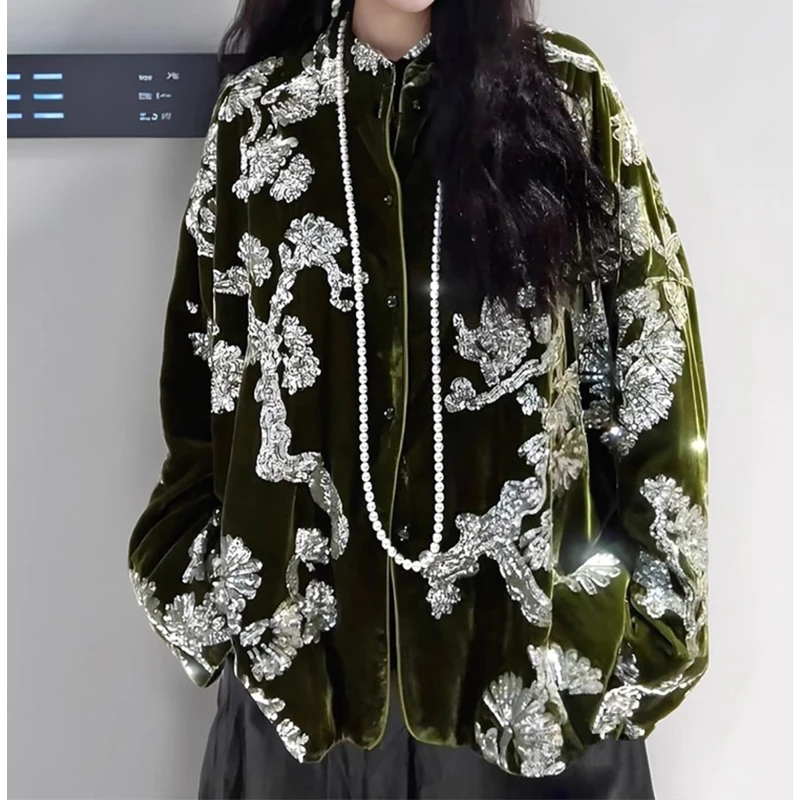 新中式墨绿色重工钉珠亮片加棉加厚丝绒外套棉服国风大衣外套女
