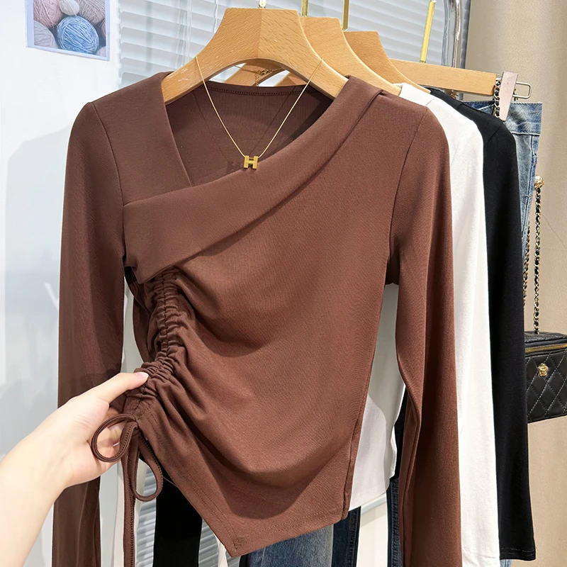 法式绝美抽绳长袖T恤女秋冬设计感不规则斜领打底衫洋气内搭上衣