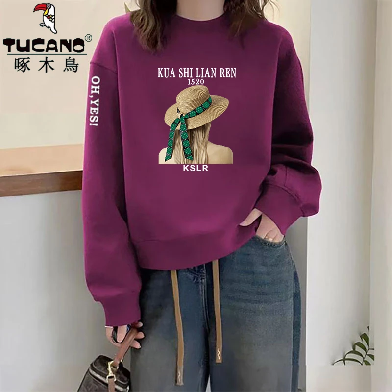 啄木鸟纯棉百搭时尚宽松加绒无帽卫衣大码设计感女士洋气长袖上衣