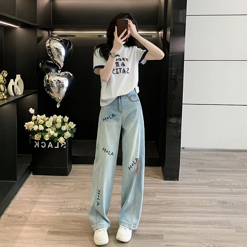 休闲运动套装女夏季新款时尚字母印花短袖T恤显瘦阔腿裤两件套潮