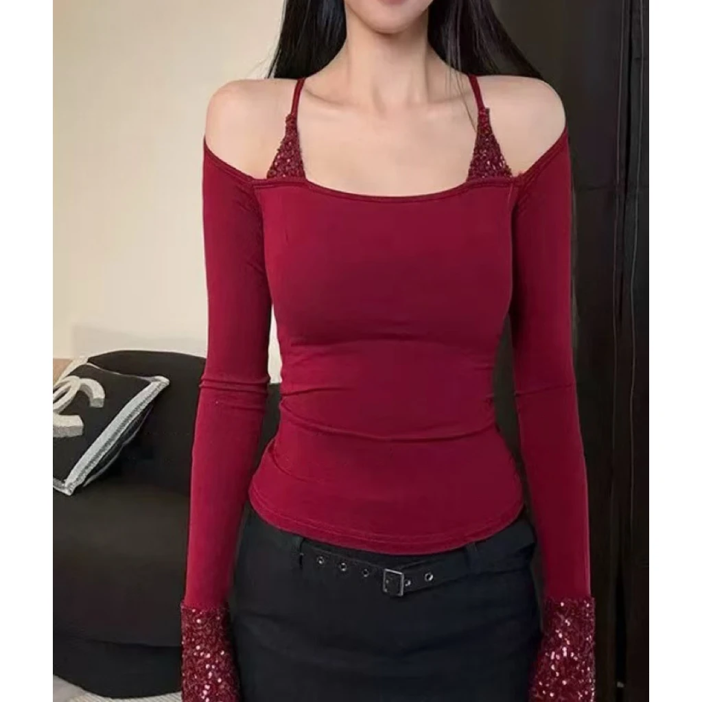 【星河凝落】秋冬新款高级感修身纯欲闪耀辣妹长袖上衣女2566#