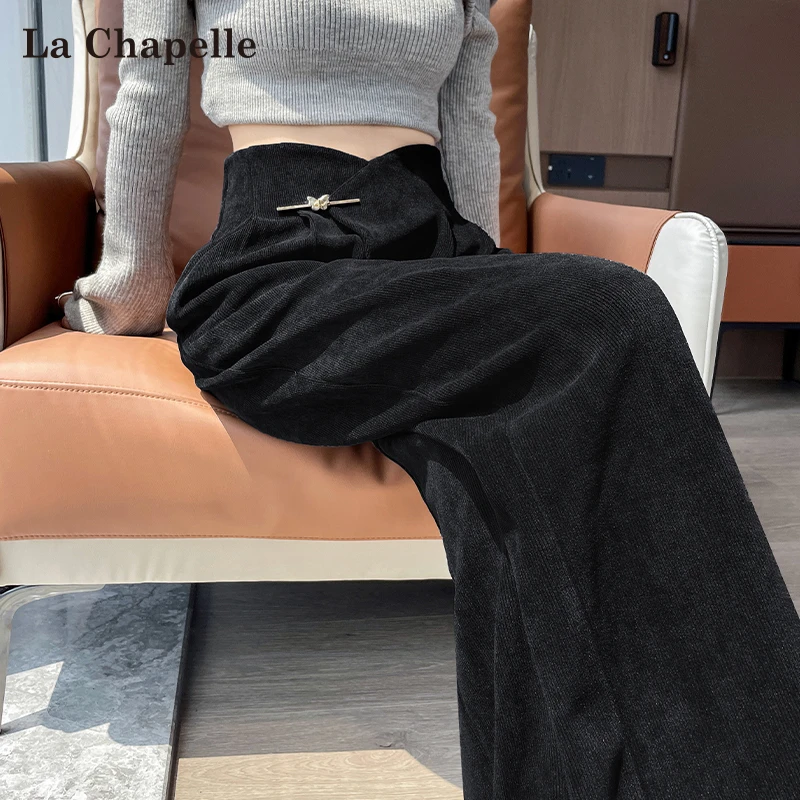 拉夏贝尔新中式灯芯绒阔腿裤女秋冬2025新款高腰垂感休闲直筒裤