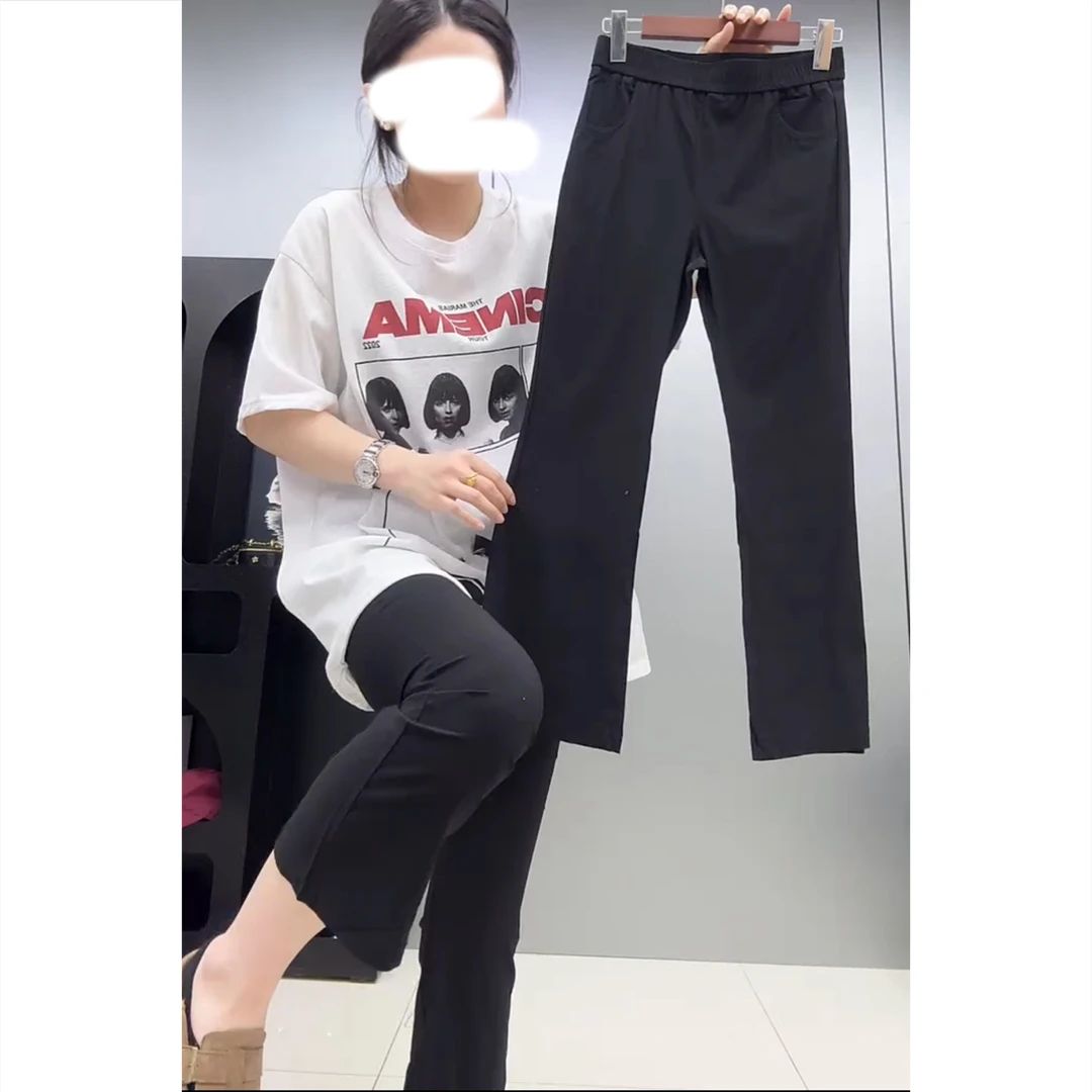 高弹力微喇裤黑色显瘦百搭休闲裤子夏季新款女薄款九分裤胖mm大码