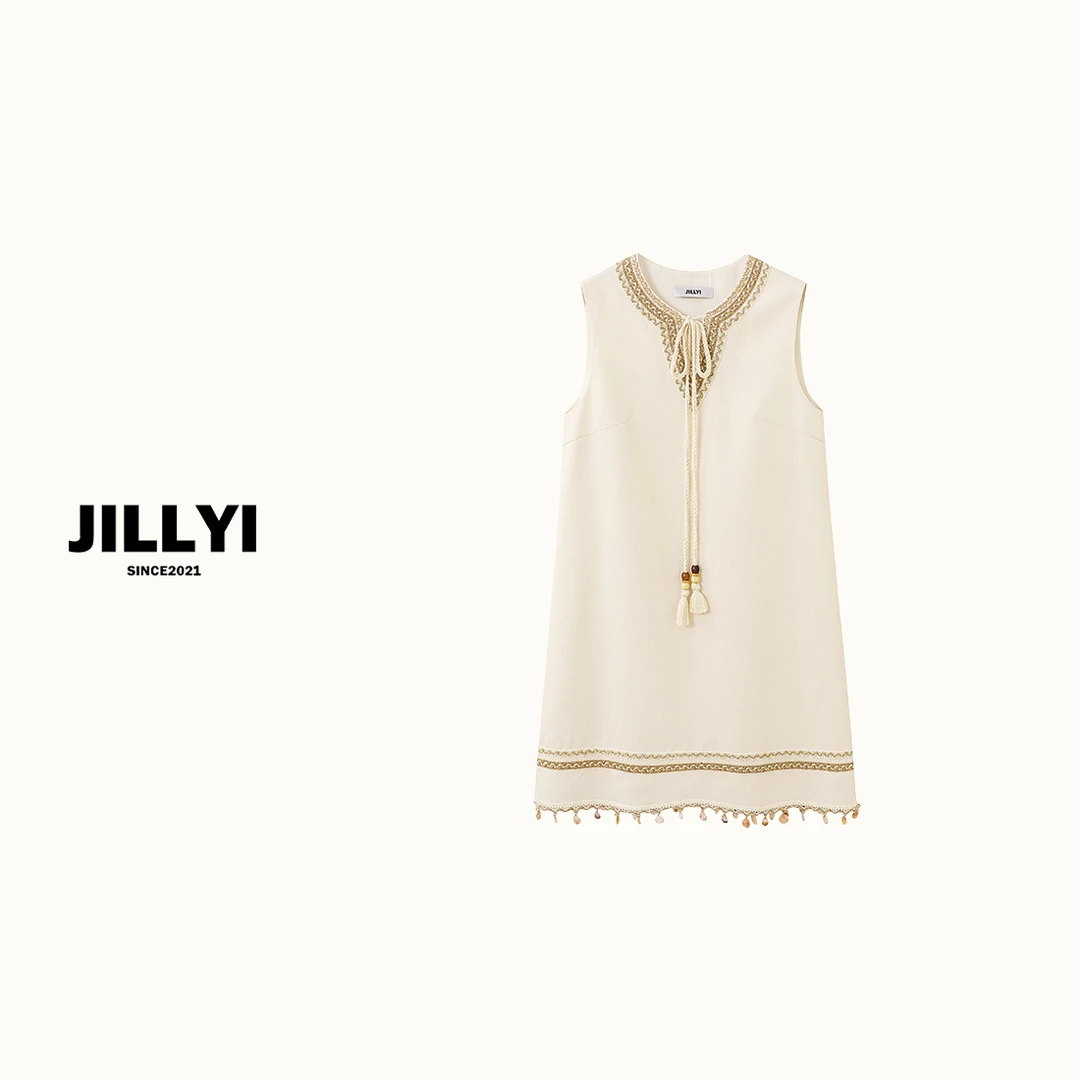 JILLYI南山店【海岛微风】杏色圆领藏风时尚连衣裙夏季气质简约百搭