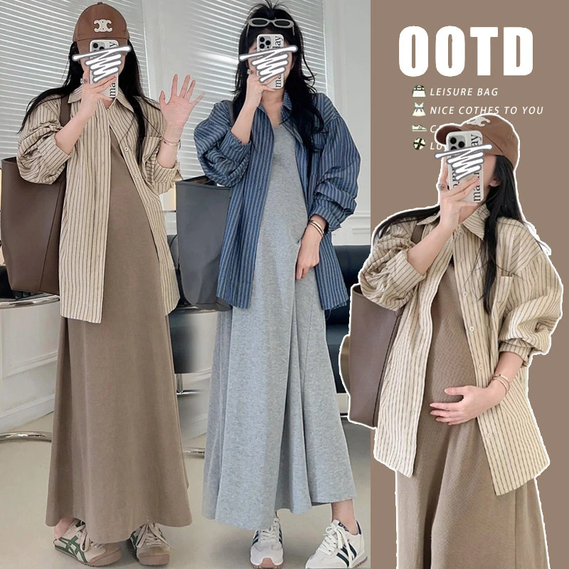 孕妇春季套装新款2025时尚气质背心裙+宽松长袖条纹衬衫女两件套