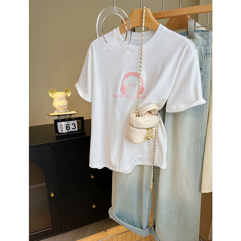 时尚休闲圆领短袖T恤女夏季2025新洋气初中学生减龄耳机小众上衣
