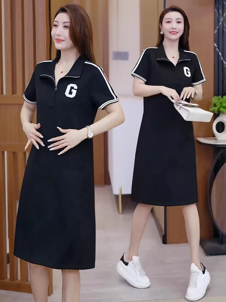 宽松休闲中长款立领半拉链短袖连衣裙女春夏新款时尚洋气减龄裙子