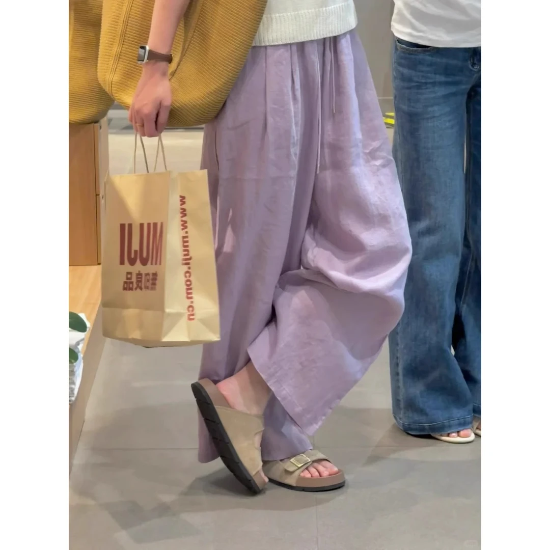 粉紫色亚麻阔腿裤女夏日轻薄凉凉裤大码胖mm遮肉显瘦垂感棉麻裤
