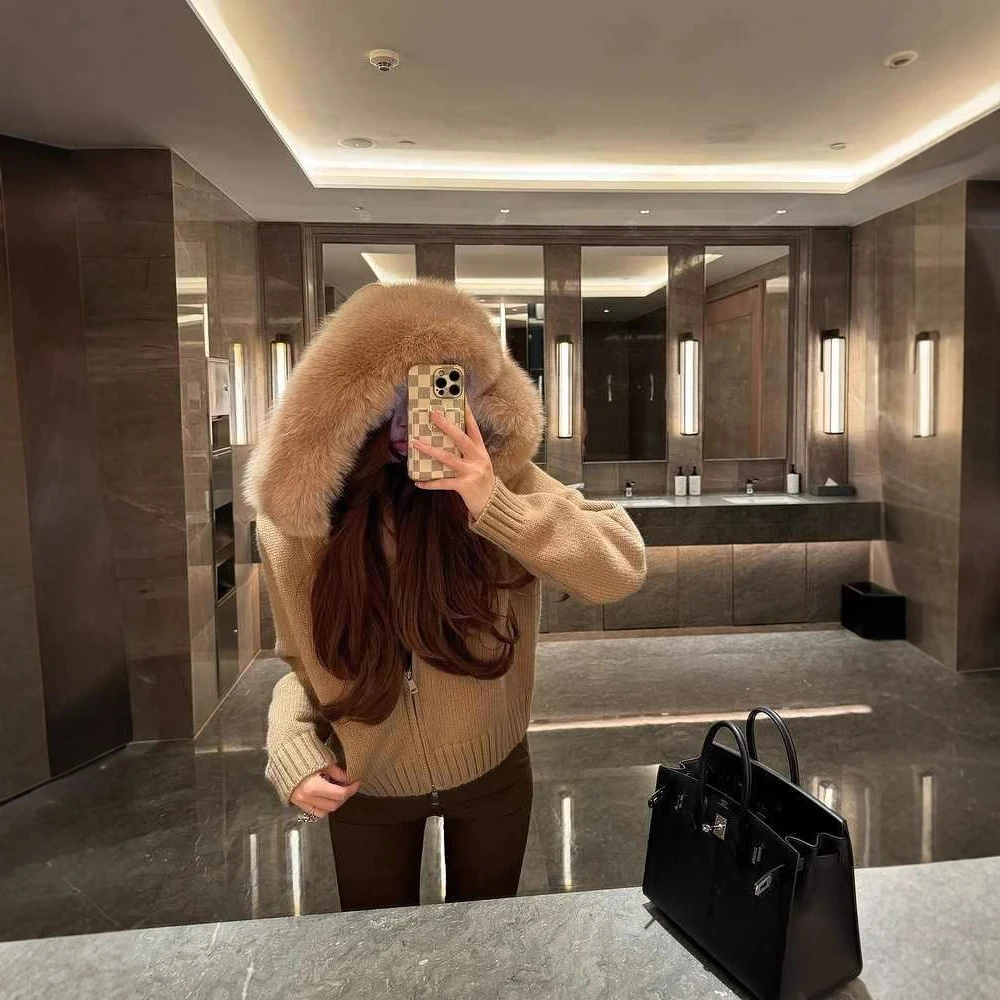 【大双双专属】连帽短款美拉德针织开衫网红小个子狐狸领子外套