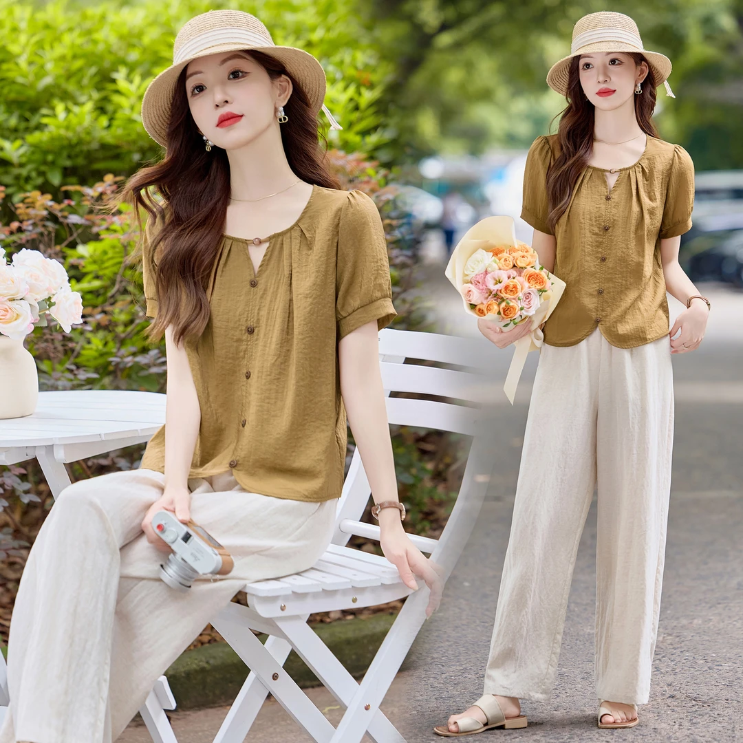 一整套穿搭减龄女夏季衬衫女夏纯欲慵懒女装禅意仙气多巴胺服装女