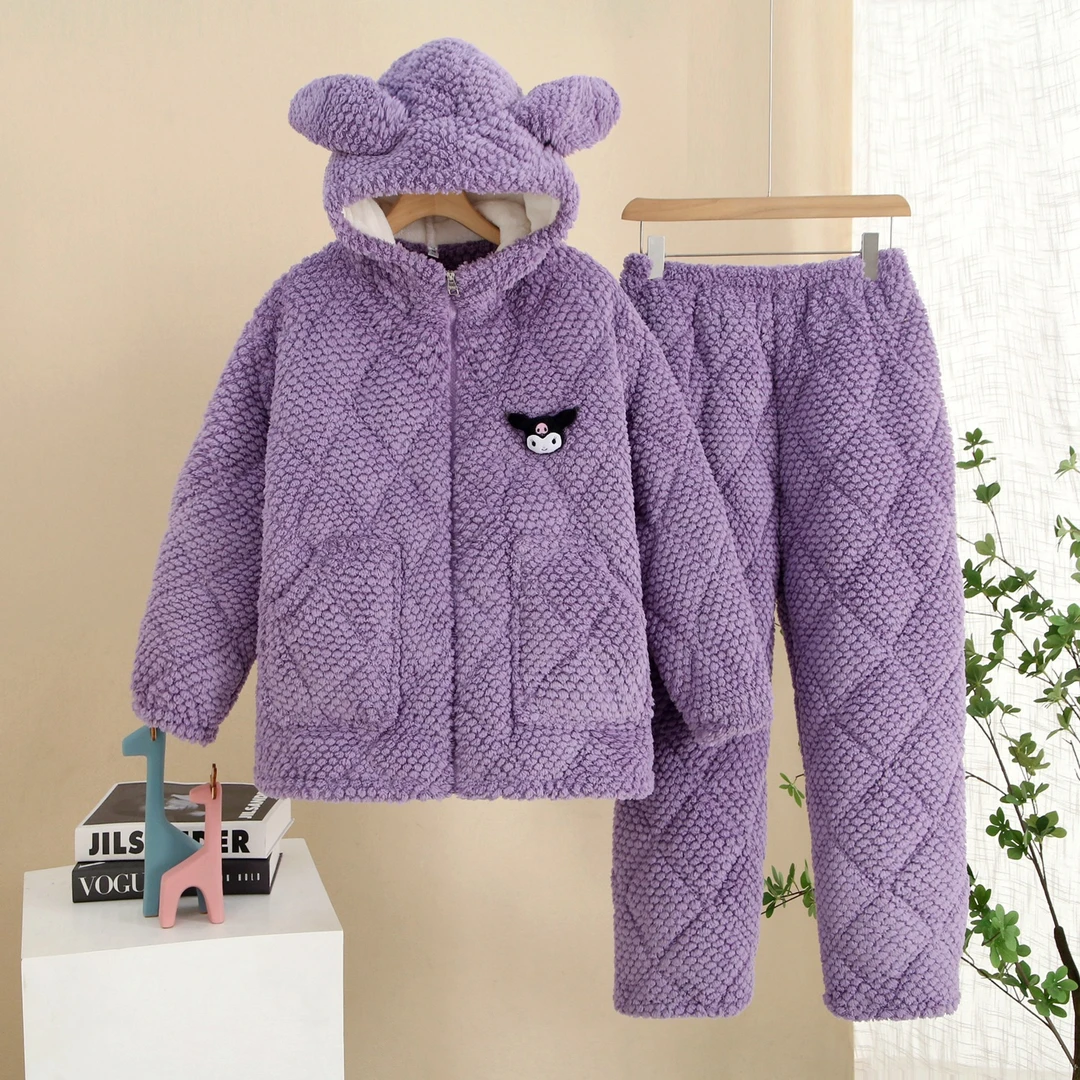 冬季厚款女士连帽三层加绒加厚法兰绒睡衣套装保暖家居服可爱套装