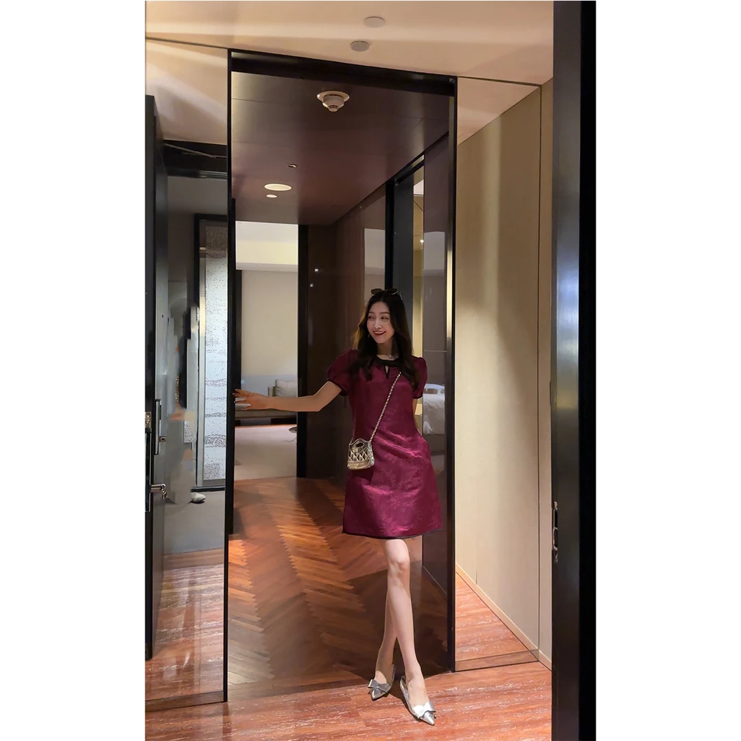 W·HAHA【半糖紫苏】新中式暗纹提花桑蚕丝连衣裙79272