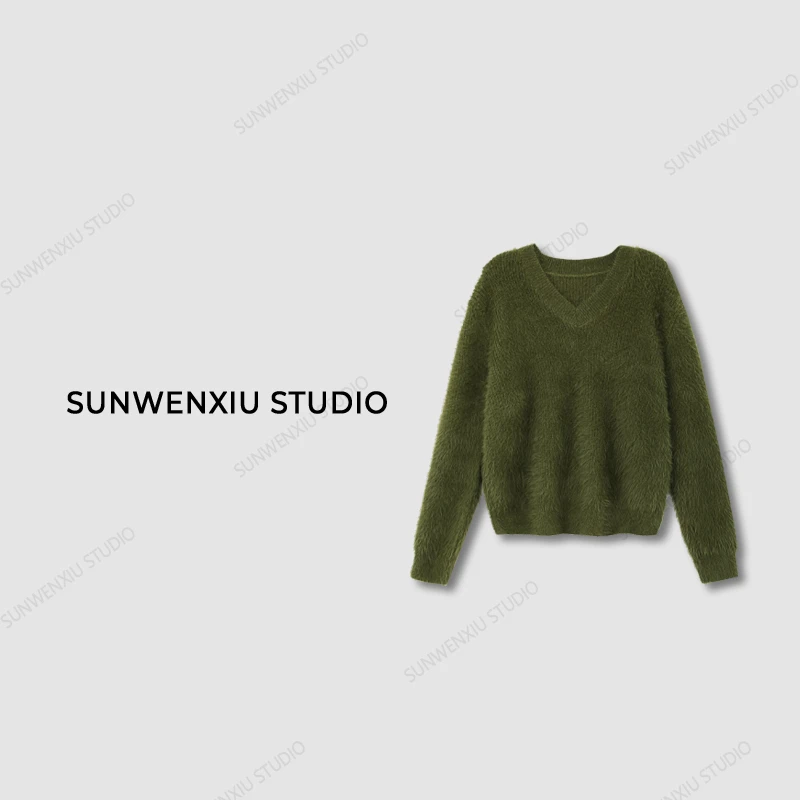 swx studio5店 “婴儿肌系列”海草绿超舒适软糯不扎人秋冬v领毛衣