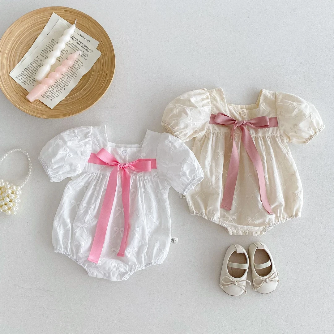 韩版ins女童宝宝新款夏装哈衣新生儿纯棉泡泡袖蝴蝶结连体包屁衣