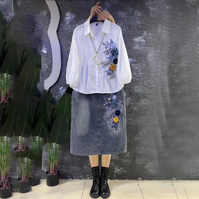 大码女装2025胖MM五分袖刺绣衬衫上衣牛仔半身裙两件套春夏季新款