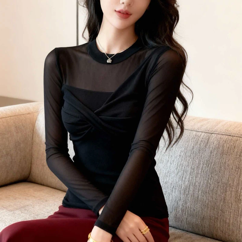 网纱长袖T恤女2025年秋季新款亲肤透气修身圆领纯色内搭打底衫女