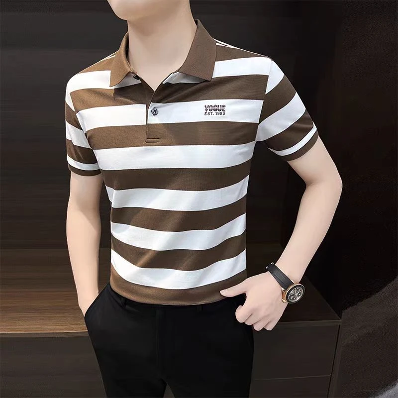 高档条纹POLO衫男士翻领短袖夏季新款时尚刺绣百搭痞帅男休闲上衣
