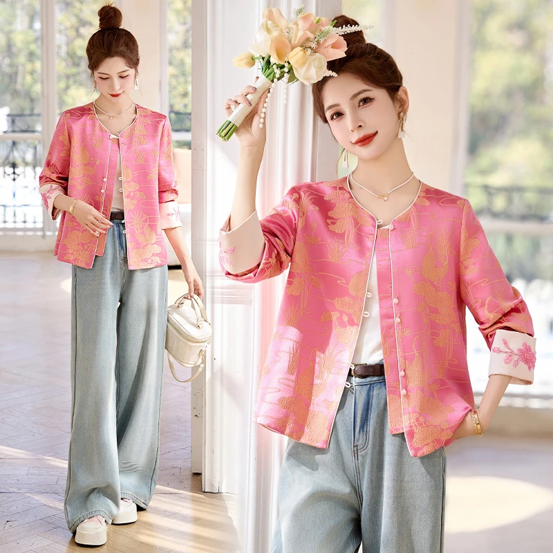 【杨幂同款】25春夏新款中式真丝冠乐绉荷花钉珠长袖圆领外套女