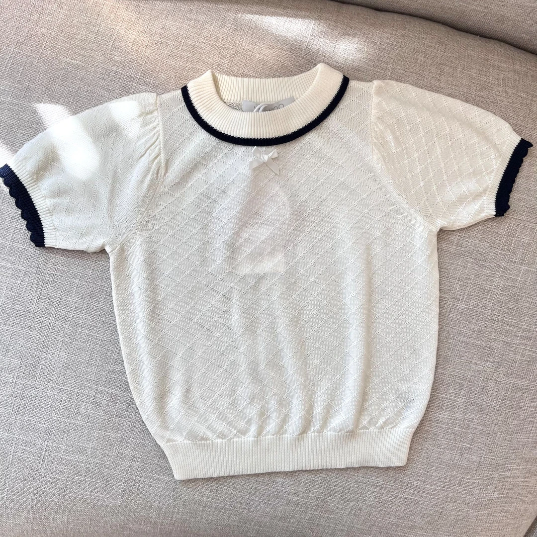 【Golden cherry】小童白色蝴蝶结拼色边针织T恤