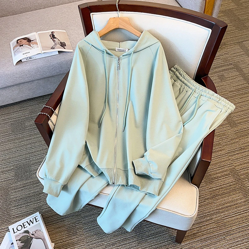 YH-7195大码胖MM韩系纯色慵懒时尚遮肉春秋款休闲连帽卫衣两件套