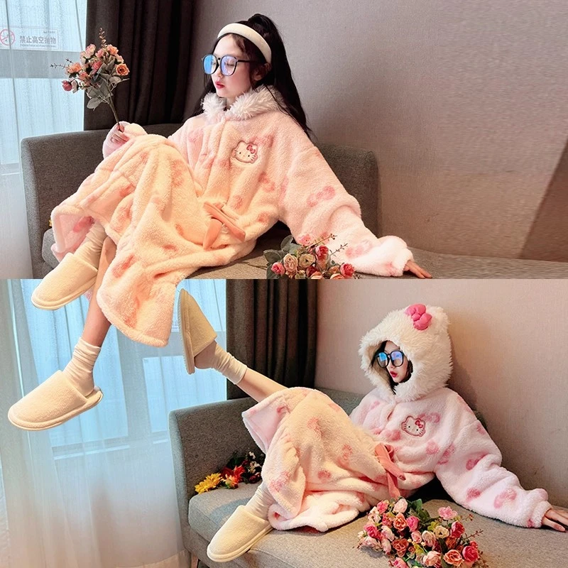 女童珊瑚绒睡袍2025新款初中生少女风家居服儿童冬装加绒加厚睡衣