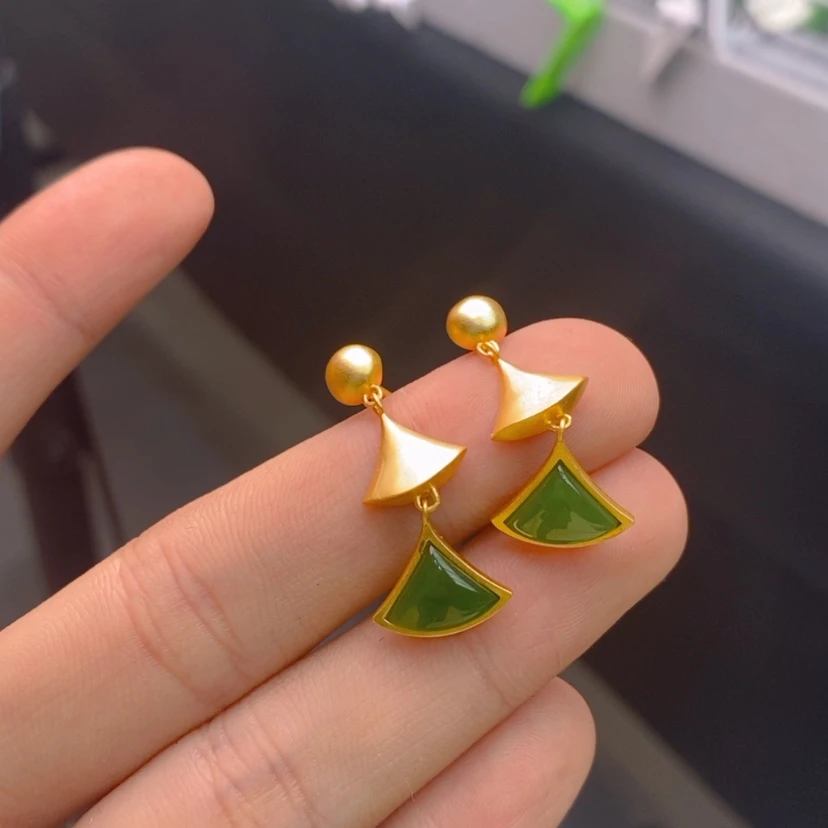 【闪购商品】和田玉耳饰银S925镀金镶嵌