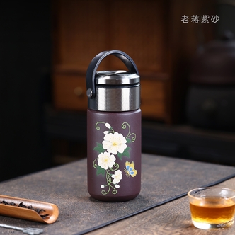 宜兴紫砂 高端矿料紫罗兰 手绘蝶恋花 车载杯 （赠杯套）