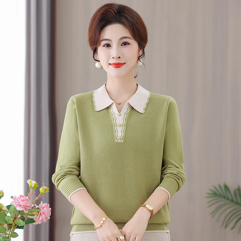 中年妈妈装春秋季外穿打底衫洋气翻领毛衫中老年女短款针织衫上衣