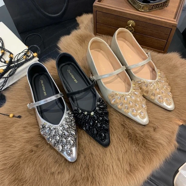 绚增高水钻浅口高跟鞋子单鞋尖头内增高方头法式低跟