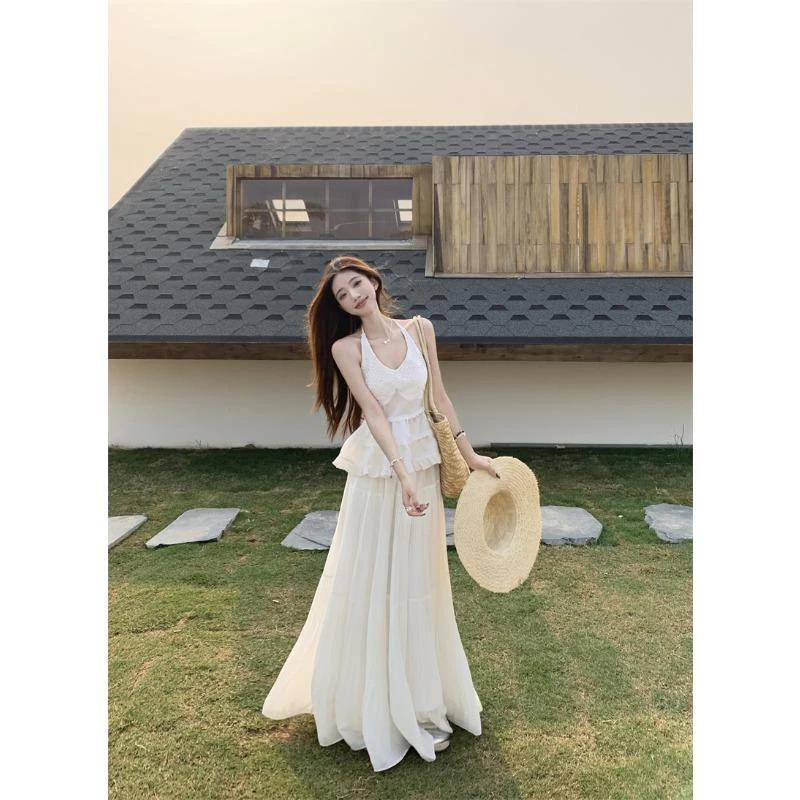 THEORY ERROR温柔风套装荷叶边蕾丝钩花吊带背心女夏季穿搭高腰半