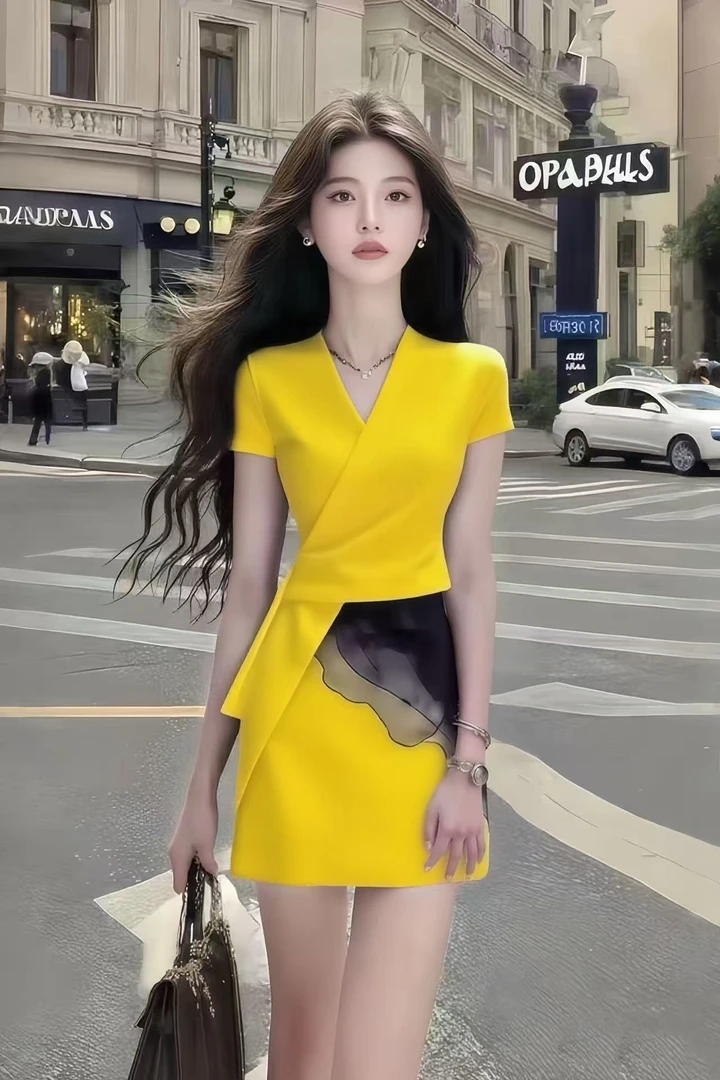 轻奢修身短黄色时尚套装气质高腰修身显瘦两件套高级小众风v领