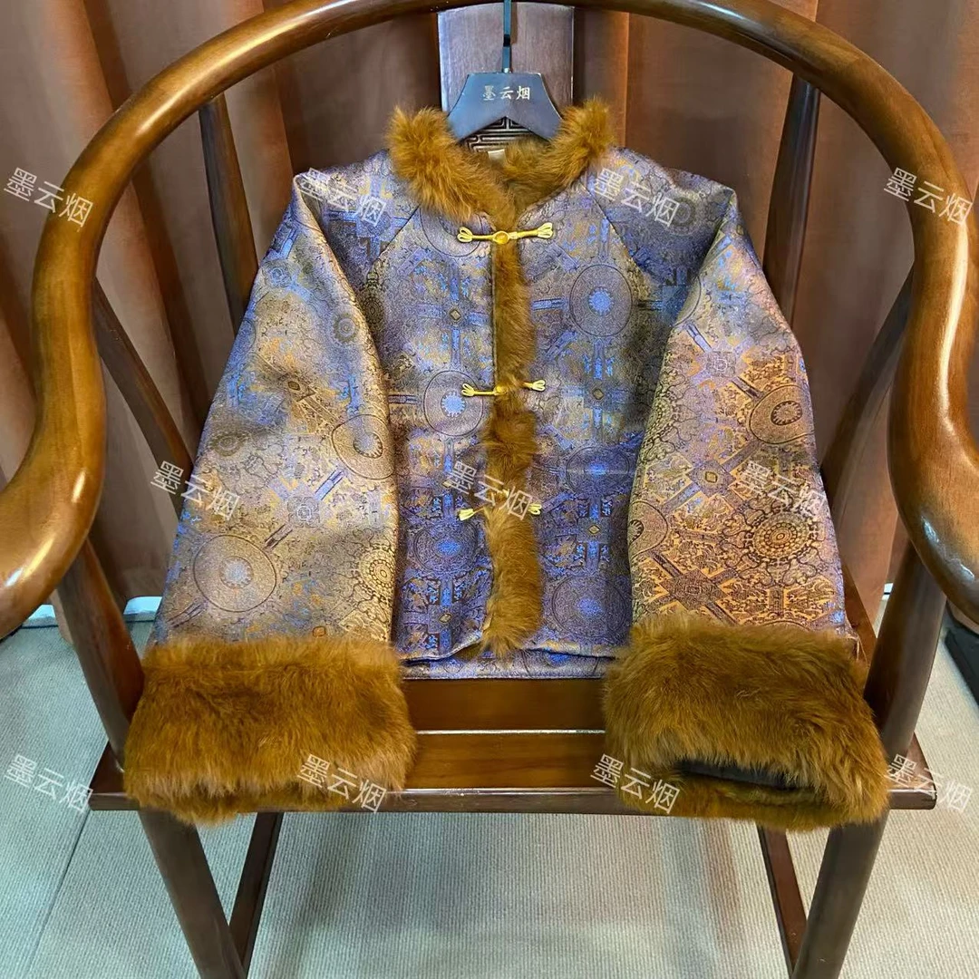 【花图】新中式羊毛棉秋冬厚款网红印染潮流扣款女装镶钻复古088