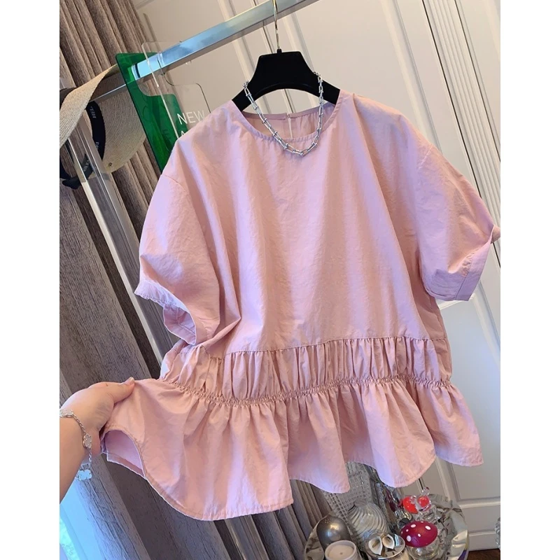 独特超好看法式气质荷叶边圆领短袖衬衫宽松时尚娃娃衫上衣女新款