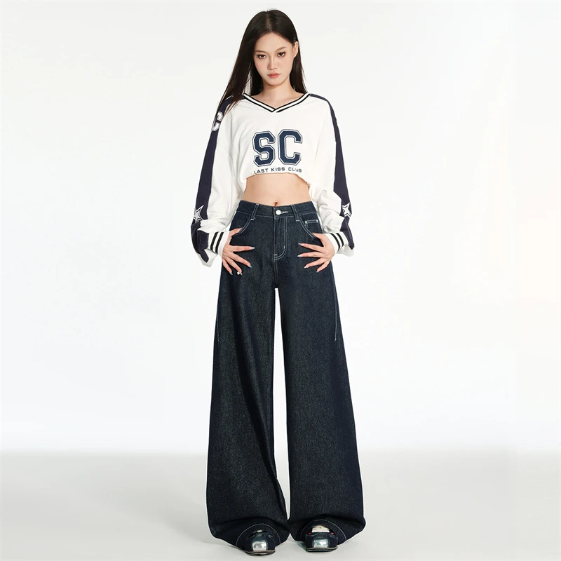 深蓝阔腿牛仔裤女2025春季新款高腰显瘦宽松垂感拖地深蓝色百搭裤