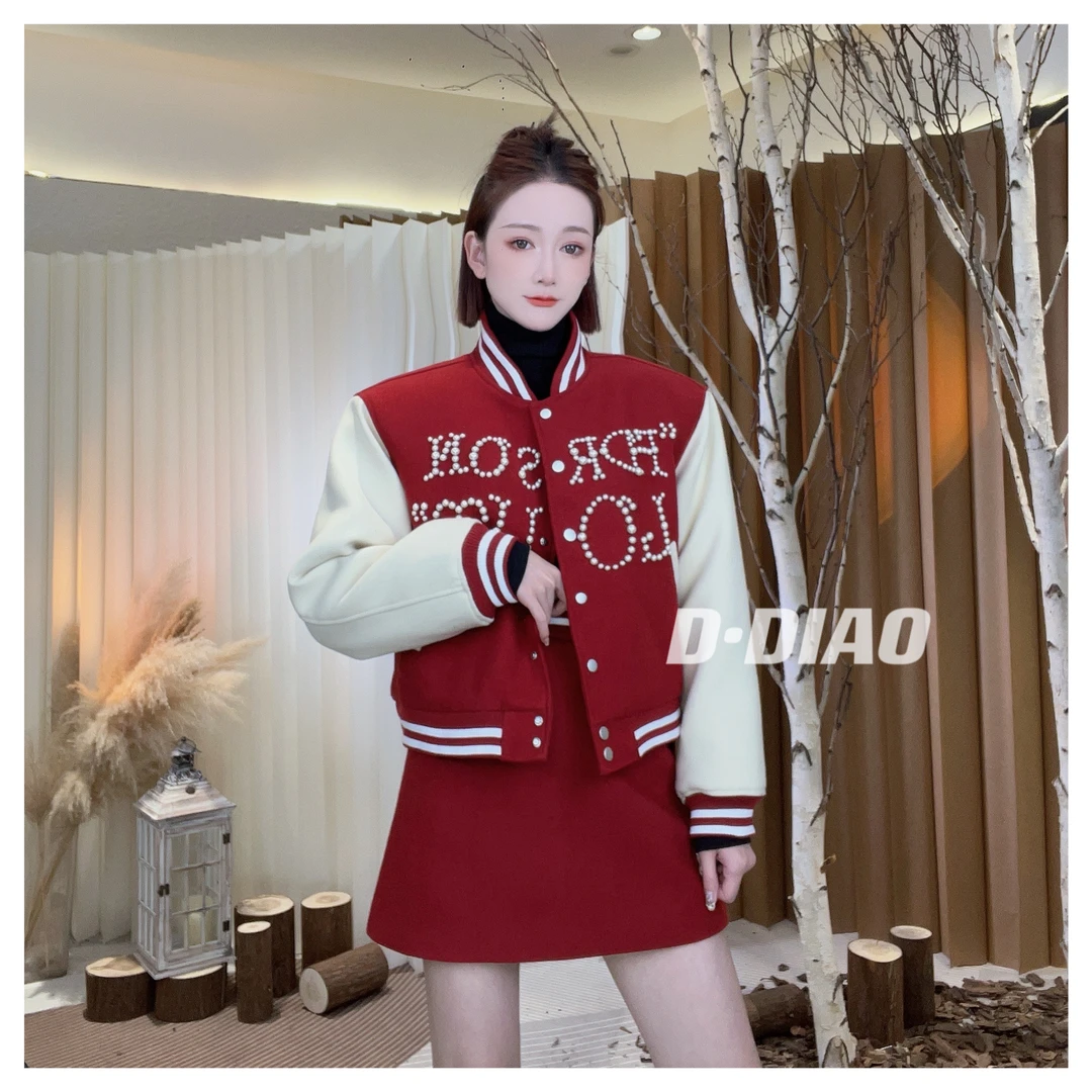 小奈【红黑棒球服套装】红色珍珠棒球服上衣+松紧腰短裙没安全裤