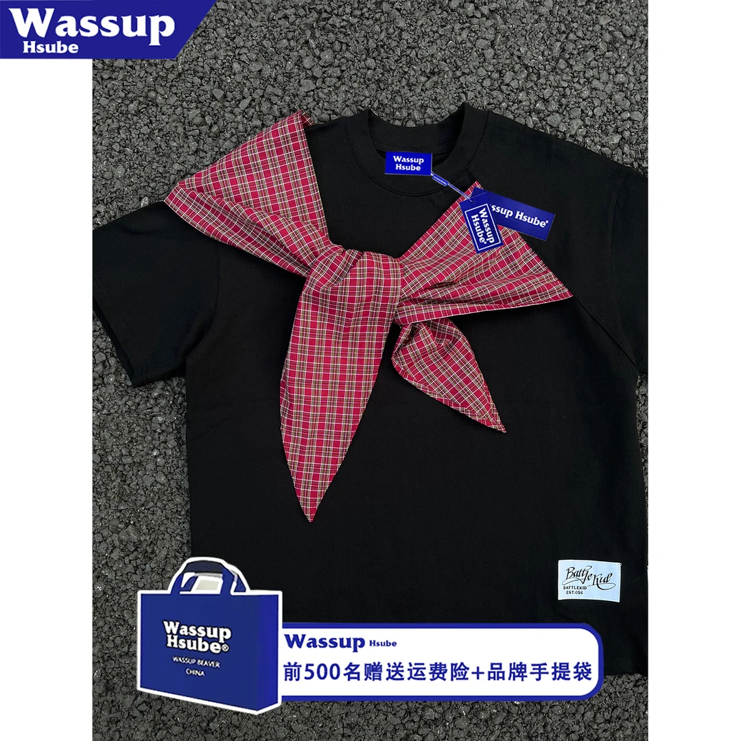 WASSUP HSUBE美式高街格子拼接短袖T恤男夏季设计感宽松情侣上衣