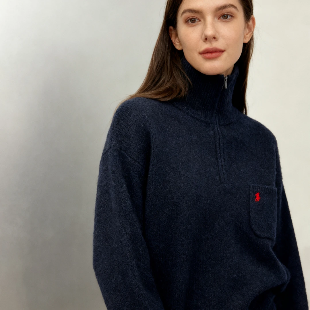 宽松舒适高领半拉链单口袋毛衣秋冬保暖针织衫女6002