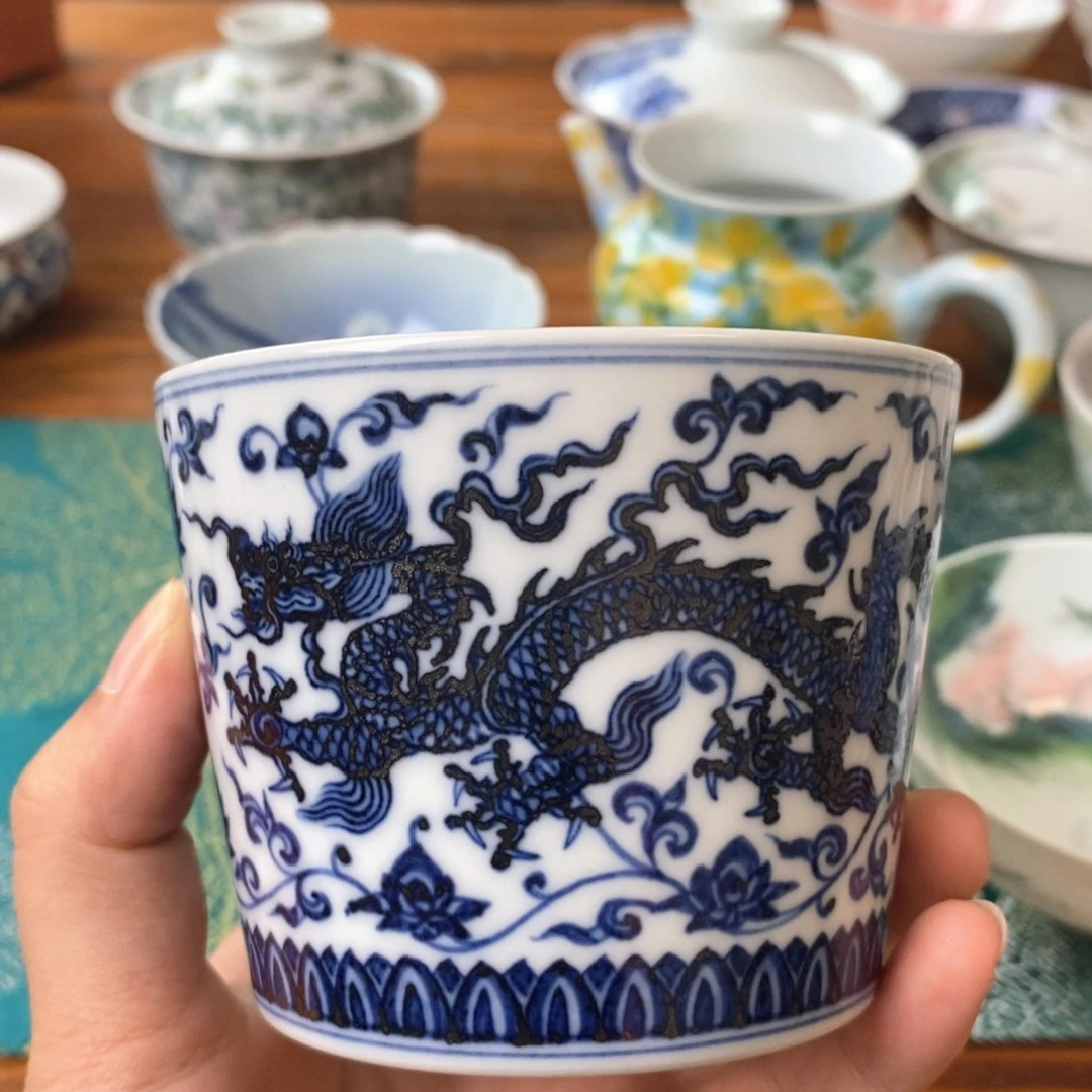 昊***林瓷片景德镇手绘陶瓷青花龙杯