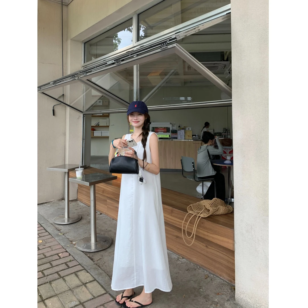 气质老钱风百搭透气无袖背心连衣裙女显瘦A字长裙X941