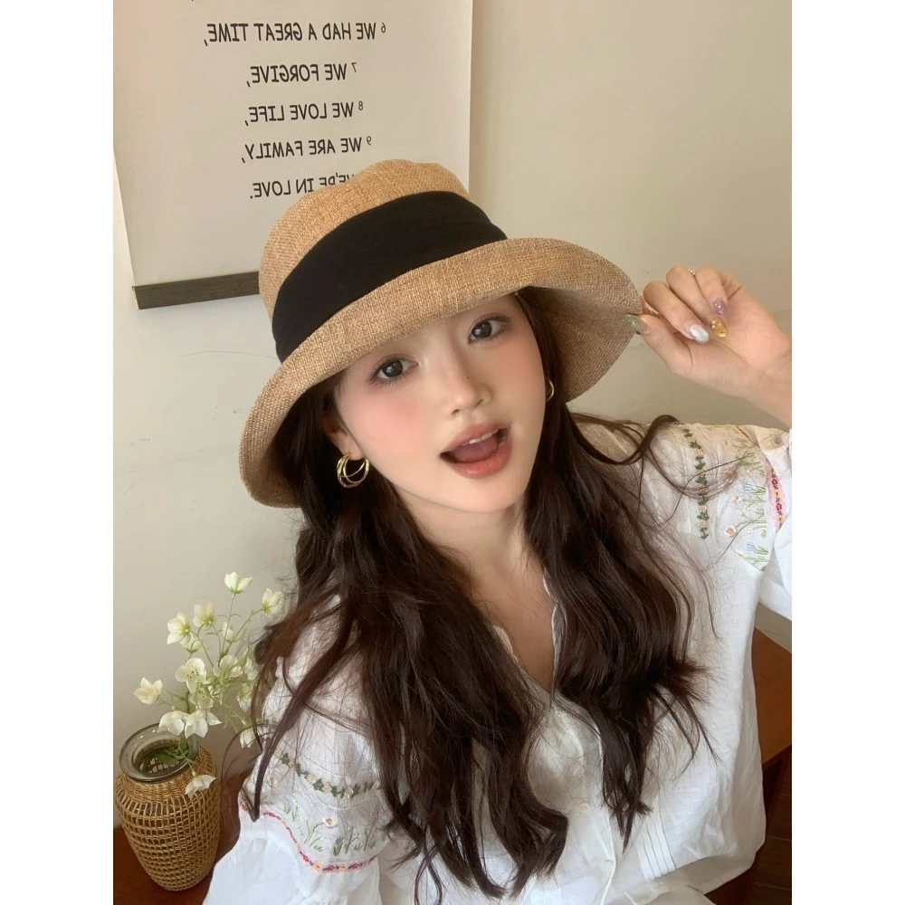 原创高档亚麻蝴蝶百搭结草帽子女2025新款显脸小遮阳防晒渔夫帽