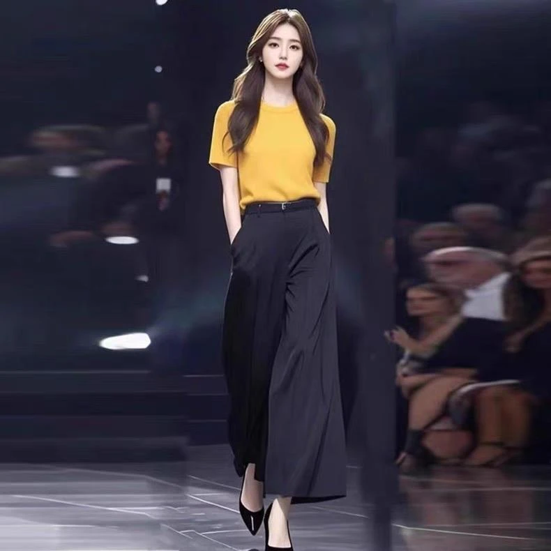 时尚气质套装女2025夏季新款洋气简约短袖T恤高腰阔腿裤两件套潮N