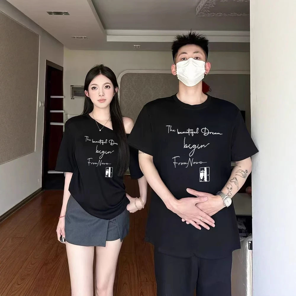 夏纯棉短袖T恤情侣装慵懒风宽松小众设计感男女上衣学生潮牌班服