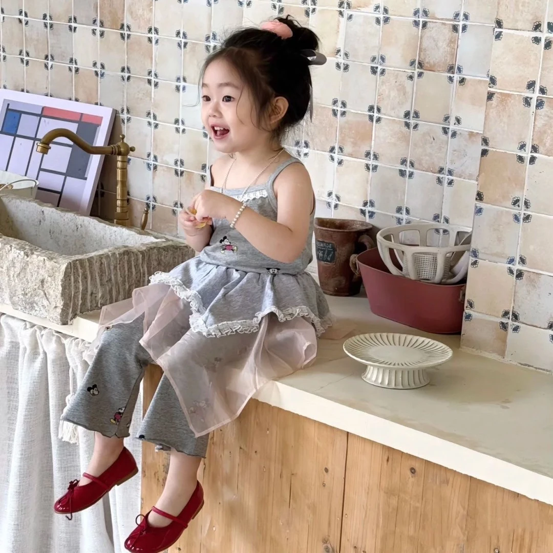 女童夏季2025新款吊带背心上衣网纱长裤套装韩版洋气两件套潮流