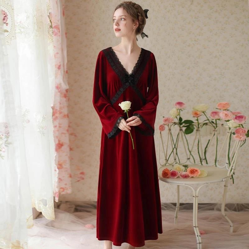 长袖冬季金丝绒睡衣晨袍女秋冬女款红色新娘睡裙长款性感睡袍冬