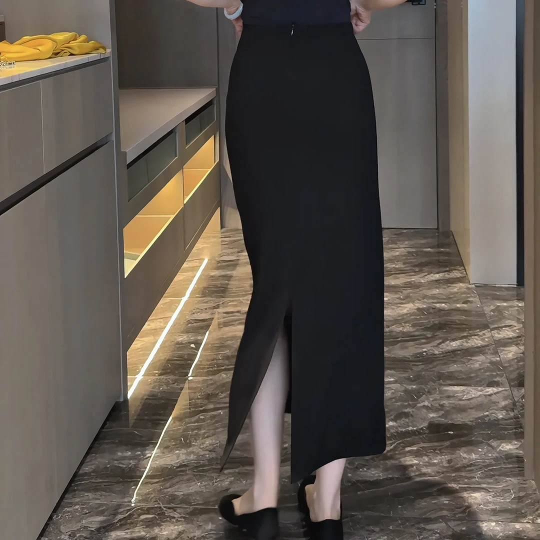 夏季薄款时尚弹力中腰显瘦中长款黑色半身裙包臀裙