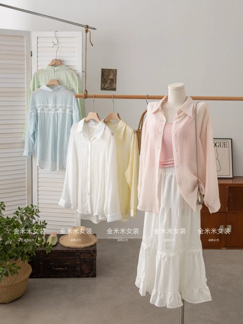 2025夏季新款蕾丝拼接镂空衬衫女宽松显瘦休闲防晒衣长袖开衫上衣