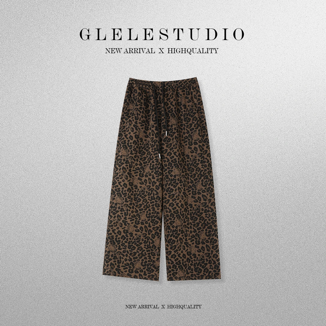 Glele私服「kitty豹纹裤」美式复古豹纹kitty小众设计加绒裤